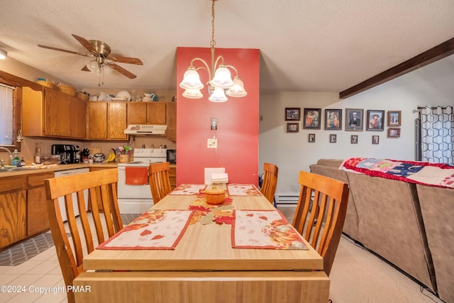 dining room featuring a textured ceiling and ceiling fan with notable chandelier