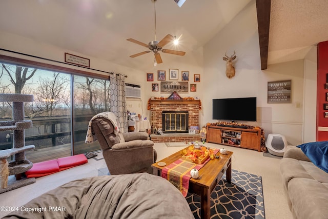 carpeted living area with lofted ceiling, a brick fireplace, a ceiling fan, and a wall mounted air conditioner