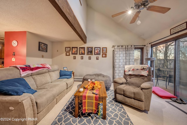 carpeted living area featuring vaulted ceiling with beams, baseboard heating, a textured ceiling, and a ceiling fan