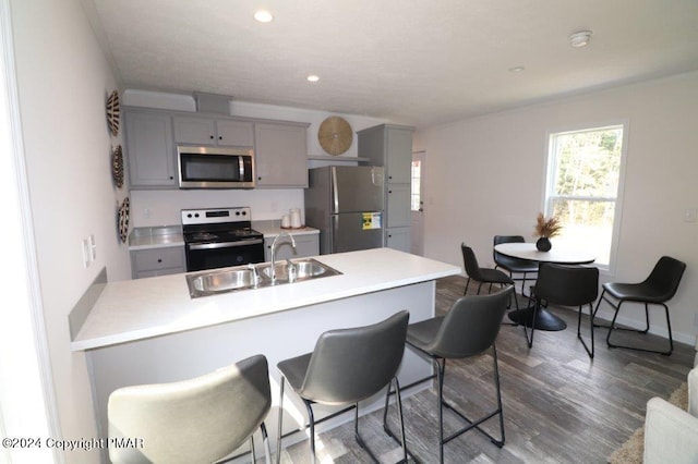 kitchen with stainless steel appliances, gray cabinetry, a sink, a peninsula, and a kitchen bar