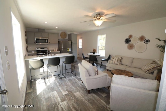 living room with ceiling fan and wood finished floors