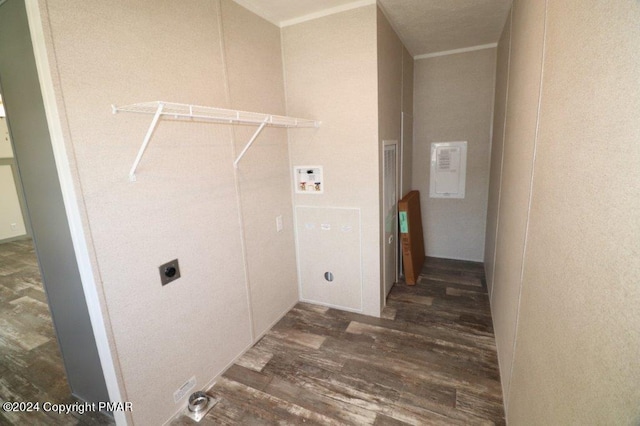 clothes washing area with laundry area, washer hookup, hookup for an electric dryer, and wood finished floors