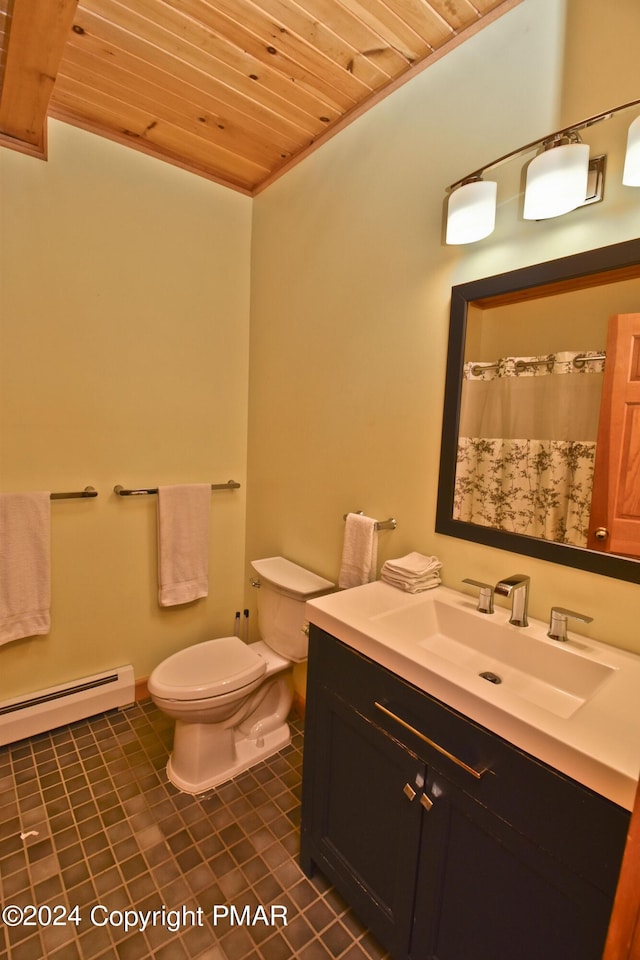 106 Windsor Dr, Lake Ariel, PA 18436 - bathroom with wood ceiling, a baseboard heating unit, vanity, tile patterned flooring, and a shower with curtain
