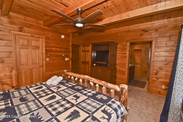 106 Windsor Dr, Lake Ariel, PA 18436 - carpeted bedroom with wooden walls and a wood ceiling with exposed beams