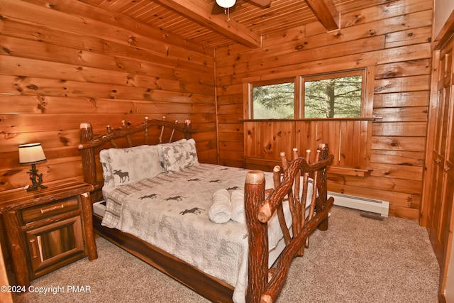 106 Windsor Dr, Lake Ariel, PA 18436 - carpeted bedroom with a wood ceiling with exposed beams, wood walls, and a baseboard heating unit
