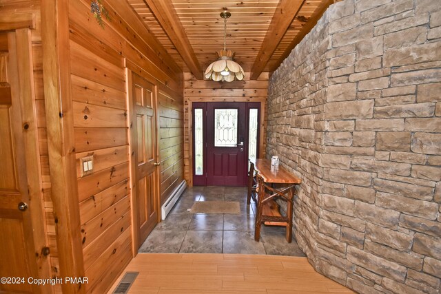 106 Windsor Dr, Lake Ariel, PA 18436 - entryway featuring baseboard heating, a wooden ceiling with exposed beams, and wood walls