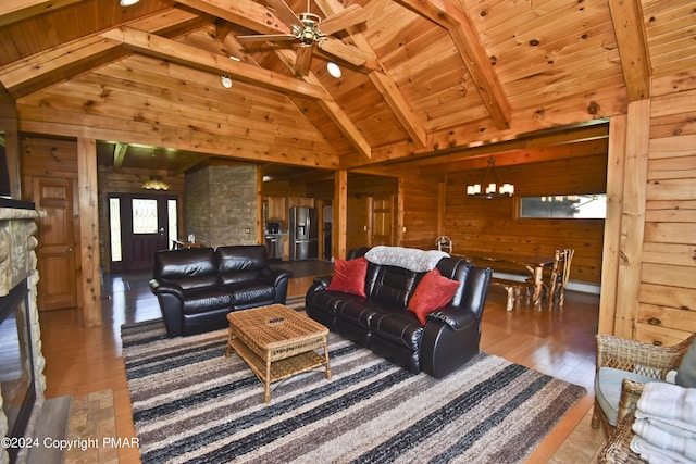 106 Windsor Dr, Lake Ariel, PA 18436 - living room with wooden walls, a ceiling fan, wood finished floors, a wood ceiling with exposed beams, and high vaulted ceiling