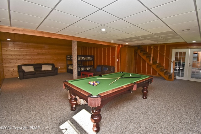 106 Windsor Dr, Lake Ariel, PA 18436 - game room featuring pool table, carpet flooring, wooden walls, a drop ceiling, and recessed lighting