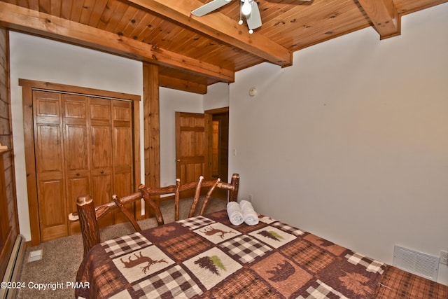 106 Windsor Dr, Lake Ariel, PA 18436 - carpeted bedroom with a wooden ceiling with exposed beams, baseboard heating, and a closet