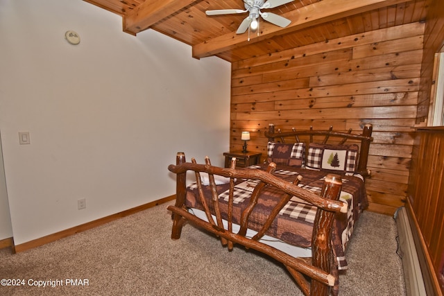 106 Windsor Dr, Lake Ariel, PA 18436 - bedroom featuring a wood ceiling with exposed beams, carpet floors, and wood walls