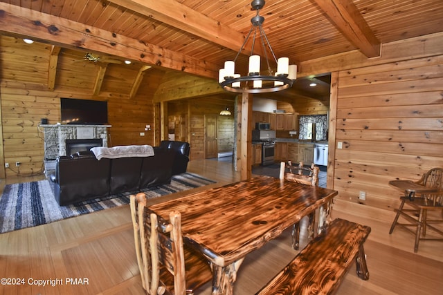 106 Windsor Dr, Lake Ariel, PA 18436 - dining area featuring wood walls, wood ceiling, a chandelier, wood finished floors, and a fireplace