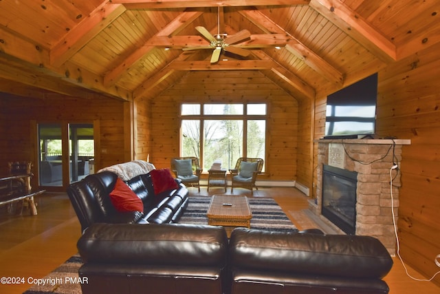 106 Windsor Dr, Lake Ariel, PA 18436 - living area with healthy amount of natural light, wooden walls, a fireplace, light wood-style flooring, and wooden ceiling