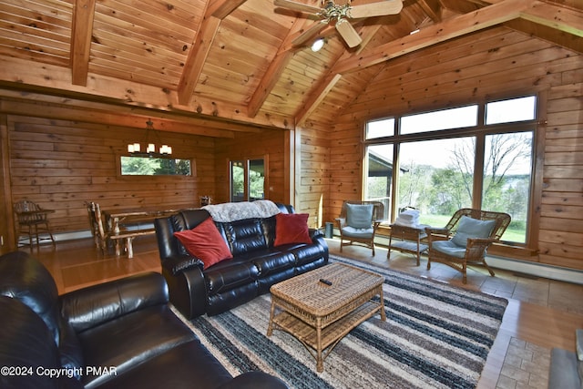106 Windsor Dr, Lake Ariel, PA 18436 - living area with wood walls, a wood ceiling with exposed beams, high vaulted ceiling, ceiling fan, and wood finished floors