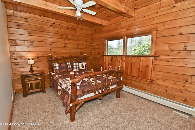 106 Windsor Dr, Lake Ariel, PA 18436 - bedroom featuring a wood ceiling with exposed beams, light carpet, a baseboard heating unit, and wood walls