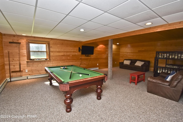 106 Windsor Dr, Lake Ariel, PA 18436 - game room with wooden walls, carpet flooring, pool table, recessed lighting, and a baseboard heating unit