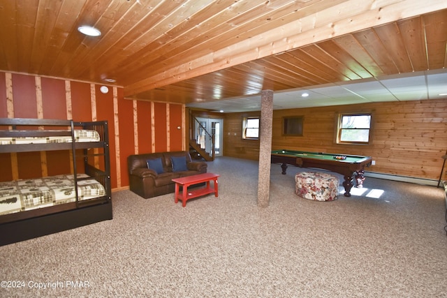 106 Windsor Dr, Lake Ariel, PA 18436 - bedroom with a baseboard heating unit, wood ceiling, billiards table, wood walls, and carpet flooring