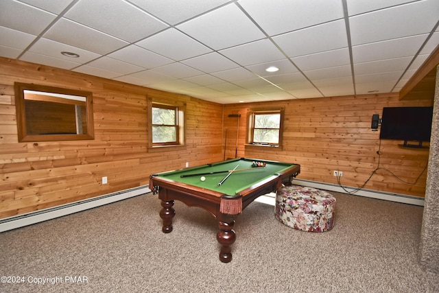 106 Windsor Dr, Lake Ariel, PA 18436 - recreation room with baseboard heating, wood walls, carpet flooring, pool table, and a paneled ceiling