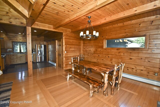 106 Windsor Dr, Lake Ariel, PA 18436 - dining space featuring wood walls, a chandelier, plenty of natural light, hardwood / wood-style flooring, and a wooden ceiling with exposed beams