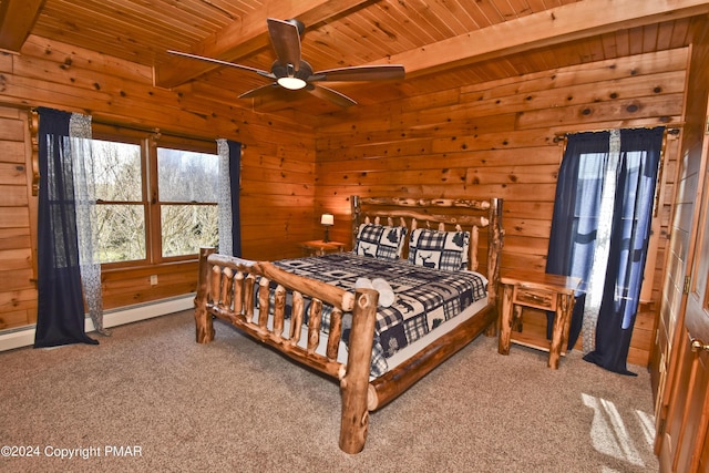 106 Windsor Dr, Lake Ariel, PA 18436 - bedroom featuring a wooden ceiling with exposed beams, carpet floors, wood walls, and ceiling fan