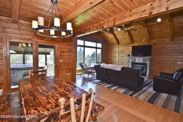 106 Windsor Dr, Lake Ariel, PA 18436 - dining area featuring wooden ceiling, a chandelier, wooden walls, wood finished floors, and a glass covered fireplace