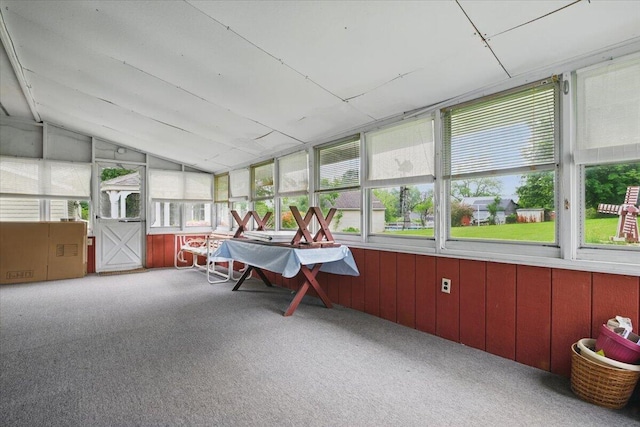 20 Cleveland Ave, East Bangor, PA 18013 - sunroom with healthy amount of natural light, carpet, vaulted ceiling, and wood walls