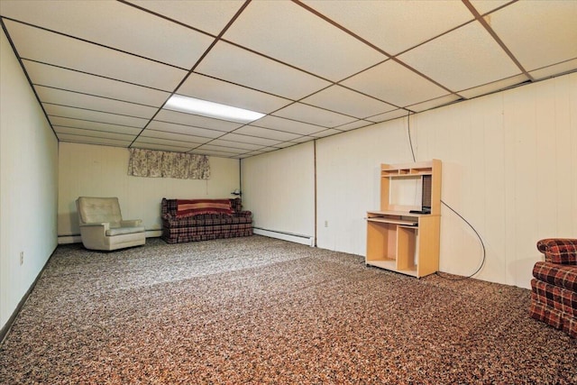 20 Cleveland Ave, East Bangor, PA 18013 - living area featuring baseboard heating, carpet, and a paneled ceiling