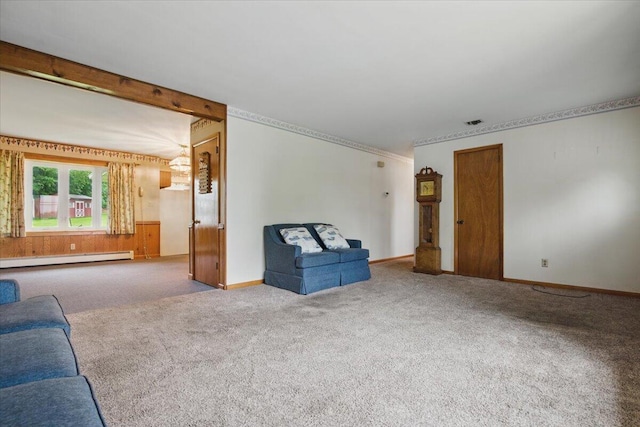 20 Cleveland Ave, East Bangor, PA 18013 - unfurnished living room featuring a baseboard radiator, carpet flooring, baseboards, and ornamental molding