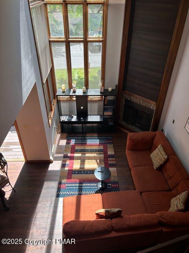 living room featuring dark wood-type flooring