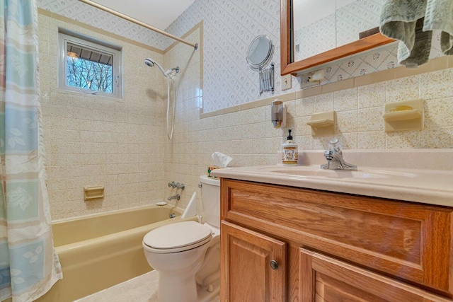144 Beech Ln, Pocono Lake, PA 18347 - bathroom with shower / bath combo with shower curtain, vanity, wallpapered walls, tile patterned flooring, and tile walls