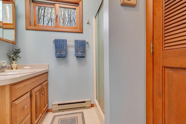 144 Beech Ln, Pocono Lake, PA 18347 - bathroom featuring baseboard heating, a stall shower, vanity, and plenty of natural light