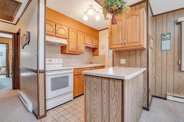 144 Beech Ln, Pocono Lake, PA 18347 - kitchen with white range with electric cooktop, under cabinet range hood, a baseboard heating unit, wooden walls, and light countertops