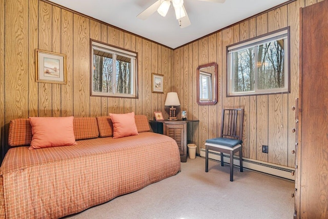144 Beech Ln, Pocono Lake, PA 18347 - carpeted bedroom with a baseboard radiator and wooden walls