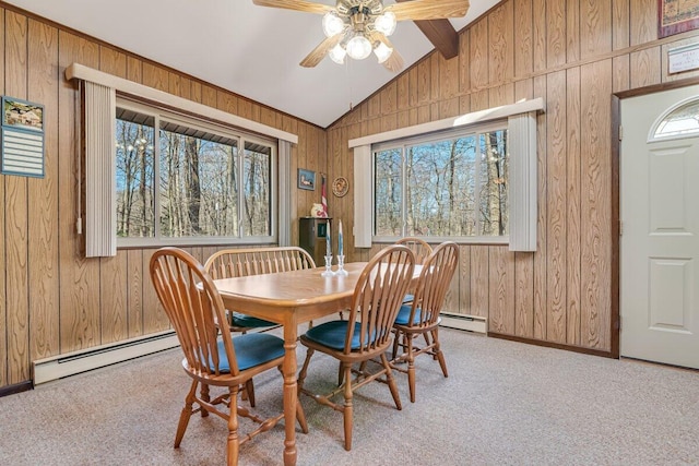144 Beech Ln, Pocono Lake, PA 18347 - carpeted dining area featuring a baseboard radiator, lofted ceiling, plenty of natural light, wood walls, and ceiling fan