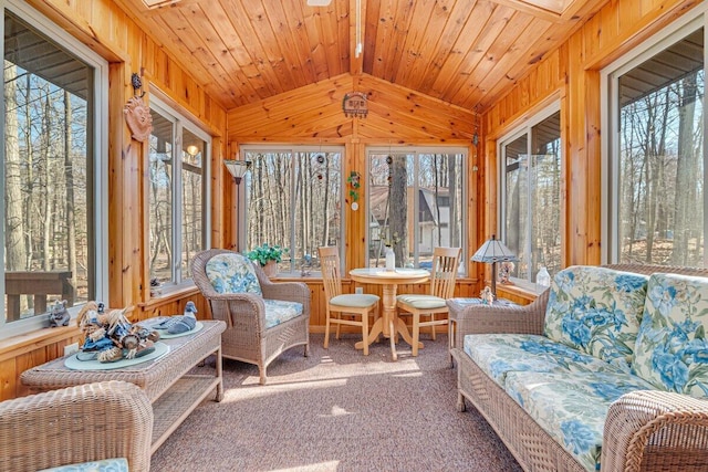 144 Beech Ln, Pocono Lake, PA 18347 - sunroom / solarium with wooden walls, lofted ceiling, and carpet flooring