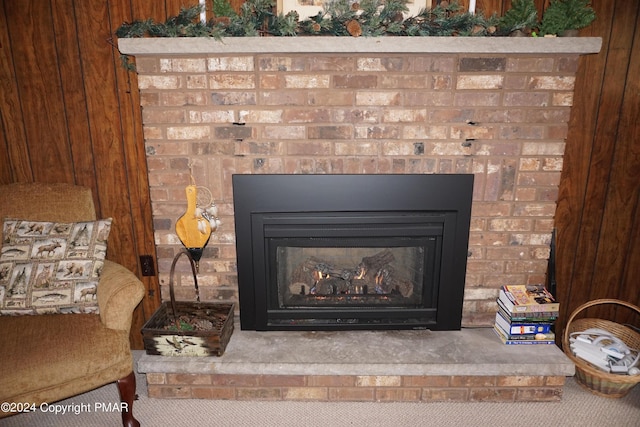 details with carpet floors and a fireplace