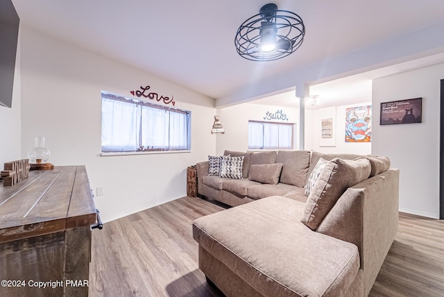 living area featuring baseboards and wood finished floors