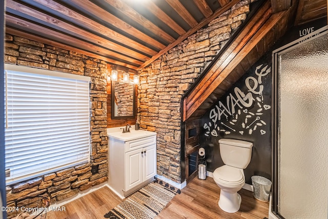 full bathroom featuring vanity, an enclosed shower, wood finished floors, and toilet