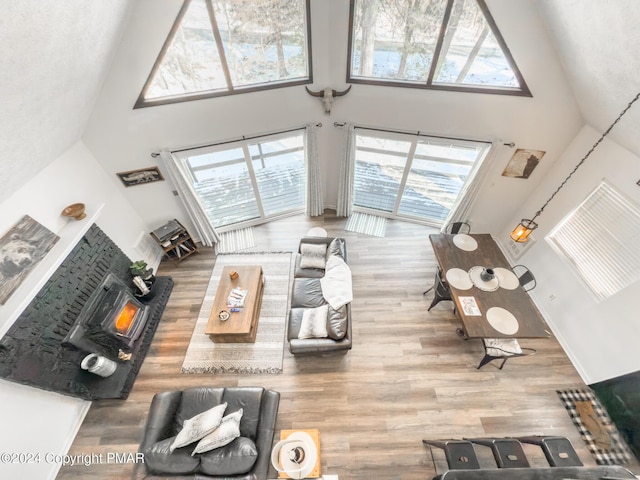 living room featuring a high ceiling and wood finished floors