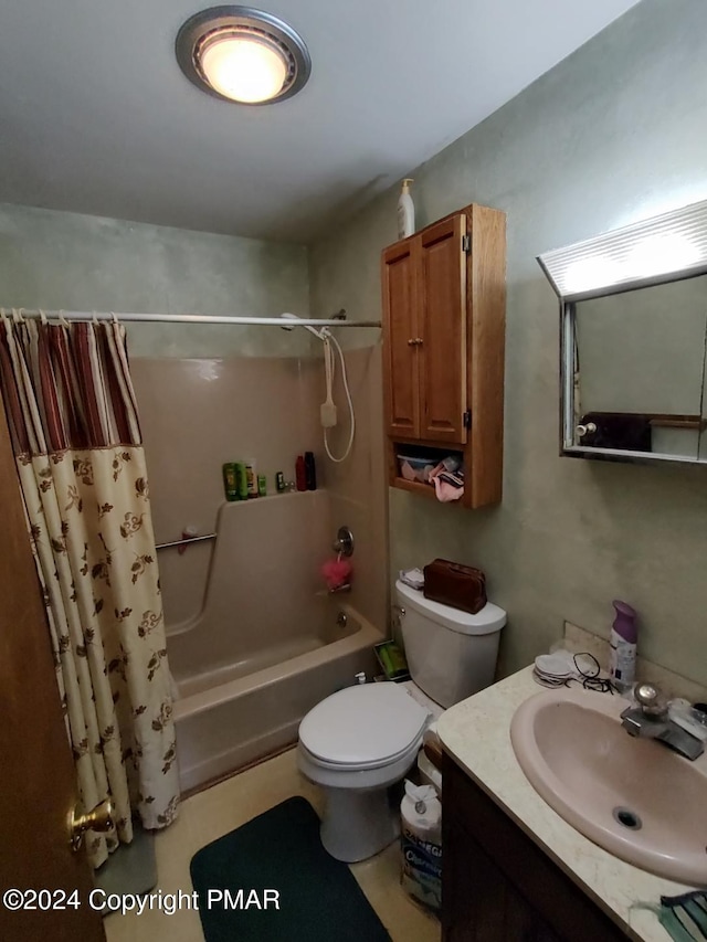 full bathroom featuring toilet, vanity, and shower / bath combination with curtain