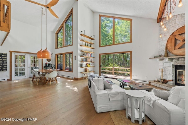 living area featuring plenty of natural light, a baseboard radiator, wood-type flooring, and a fireplace