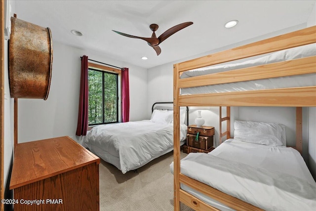 carpeted bedroom with recessed lighting and ceiling fan