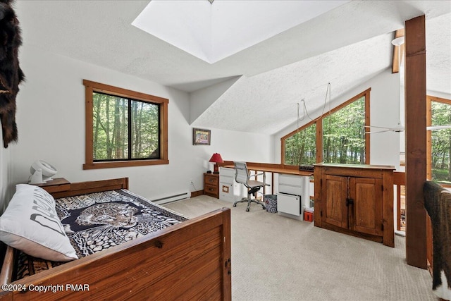 bedroom featuring a textured ceiling, lofted ceiling, a baseboard heating unit, light carpet, and built in study area