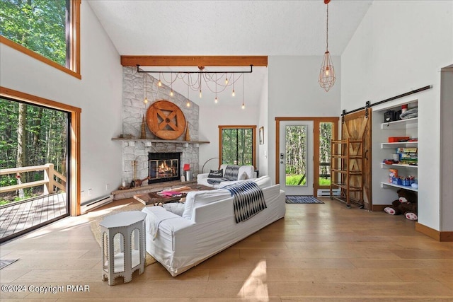 living area with a barn door, a fireplace, a baseboard radiator, and wood-type flooring