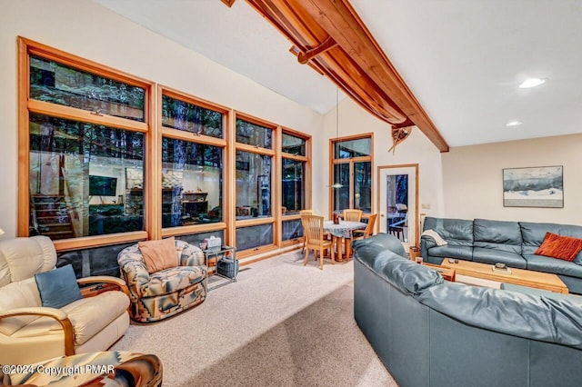 carpeted living room featuring beam ceiling and recessed lighting