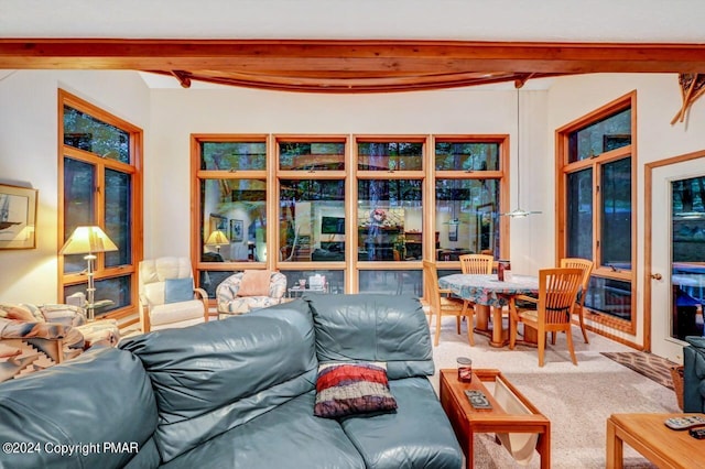 carpeted living area featuring beam ceiling