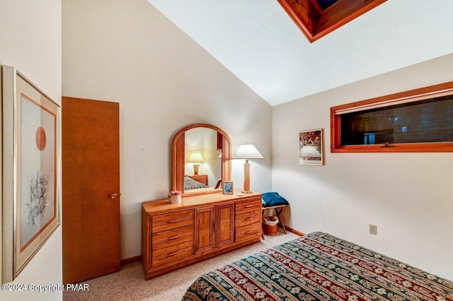 bedroom featuring light colored carpet, high vaulted ceiling, and baseboards