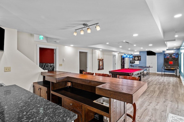 recreation room with light wood-type flooring, recessed lighting, and pool table