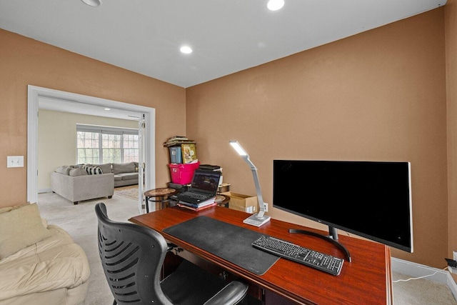 office space featuring carpet floors, recessed lighting, and baseboards