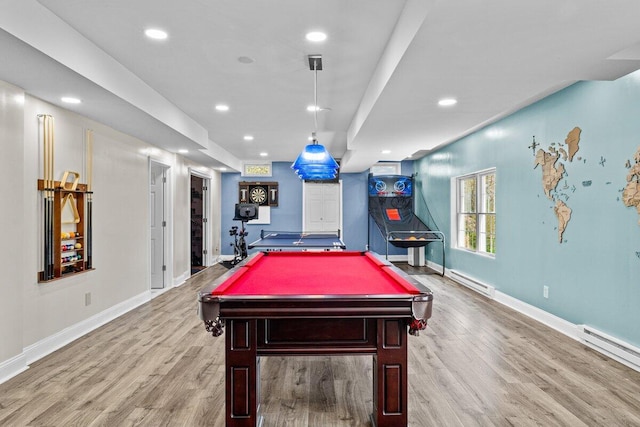 rec room featuring baseboards, recessed lighting, light wood-style flooring, and pool table