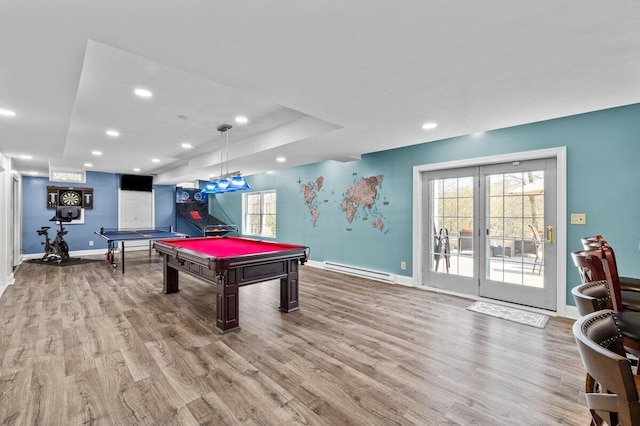 rec room featuring baseboards, billiards, wood finished floors, and a baseboard radiator
